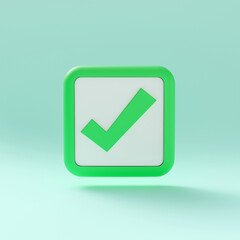 3D Check mark symbol icon isolated green background, Minimal Like or correct button, right, checklist, tick, ok, confirm, 3D rendering, illustration