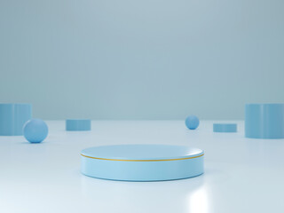 3d Cylinder podiums blue shapes pastel colors, abstract background, Empty showcase for cosmetic product,    