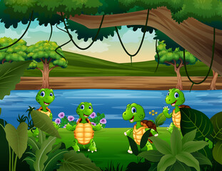 Illustration of cute four turtles playing by the river