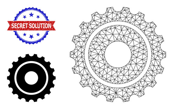 Triangular gearwheel carcass icon, and bicolor scratched Secret Solution seal. Mesh carcass image designed with gearwheel icon.