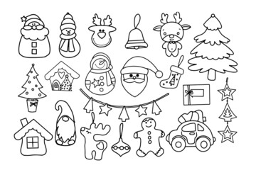 Fototapeta na wymiar Christmas ornament elements hand drawn doodles set for decorative greeting card, banner