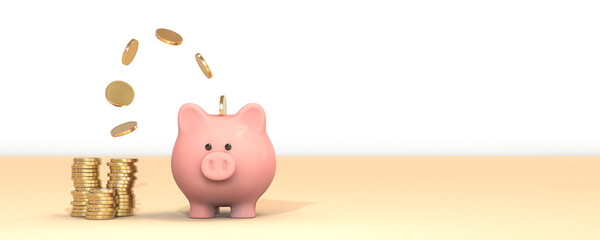 Gold coins flying and floating to piggy bank for creative financial saving and deposit concept with copy space , 3D render, 3d illustration