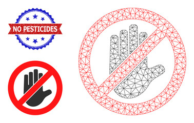 Mesh do not touch wireframe illustration, and bicolor scratched No Pesticides stamp. Mesh wireframe image designed with do not touch pictogram.