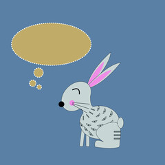 Cute graphic cartoon rabbit with message  on blue  isolated background. greeting card illustration.