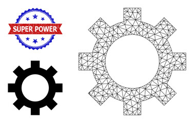 Network cog carcass icon, and bicolor grunge Super Power seal stamp. Polygonal carcass image is created from cog pictogram. Vector seal with Super Power text inside red ribbon and blue rosette,
