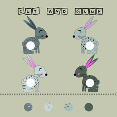 Developing an activity for children, the task is to cut and glue a piece on colorful cute rabbits. Logic game for children.