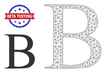 Polygonal Beta Greek letter carcass illustration, and bicolor rubber Beta Testing watermark. Polygonal wireframe symbol designed with Beta Greek letter pictogram.