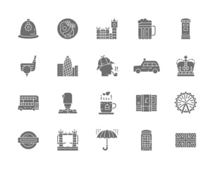 Set of English Culture Grey Icons. Traditional Postbox, Police Helmet and more.