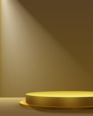 Fototapeta na wymiar Minimalistic background for branding and showing of product. Ray of spotlight on beige wall. Golden podium on the floor. 3d vector illustration.