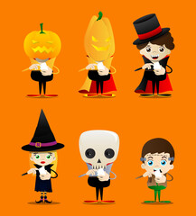 Kids dressed for Halloween using a mobile phone. Vector cartoon character illustration of kids ready to Trick or Treat.