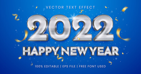 Happy new year text, silver metallic editable text effect