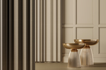 Two gold side table on beige classic interior mockup scene, abstract background for product or presentation. 3d rendering