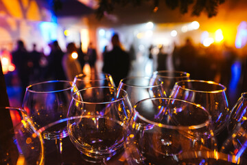 Wine glasses in the light of multicolored lights against the background of blurred silhouettes of people. Large-scale party or private event with catering services