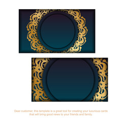 Gradient green business card with Greek gold ornaments for your brand.