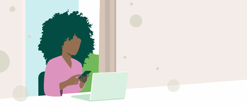 Banner template. Contact us on our whats app number. Illustration of a black woman with a phone and laptop. Copy space.