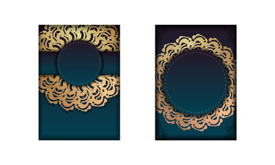 Postcard template with gradient green color with vintage gold ornament for your design.