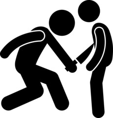 A man stabbing knife in the stomach of another person. Vector illustration of a murder. A criminal killing a person. Criminal doing a murder. Silhouette of crime scene. Logo and sign of a crime scene.