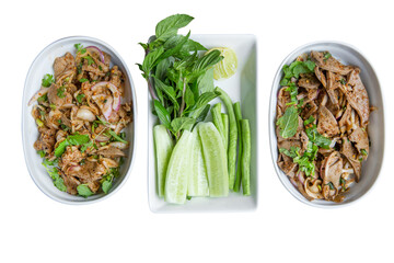 Northeast food of Thai flavors eat with fresh mixed vegetable, focus selective.