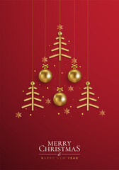 Merry Christmas and Happy New Year web banner illustration of gold luxury xmas pine tree frame with geometric art deco style element for elegant holiday celebration.