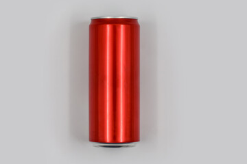 Red aluminum beverage can on white background