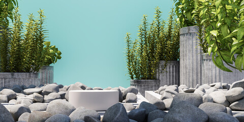 white podium on mockup garden scene, stone and plants on blue background, Abstract background for product or ads presentation. 3d rendering