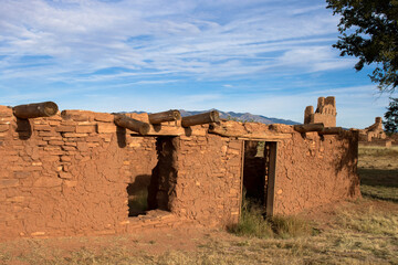 Historic ruins with Abo church in background at Salinas Pueblo Missions National Monument in New Mexico