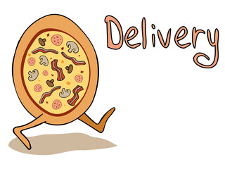 Hot pizza with legs on a white background.