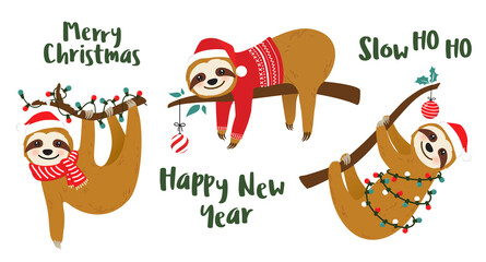 Cute sloth vector graphic design set for Christmas holiday. Merry Christmas prints. Adorable hand drawn sloth characters on tree branches wearing Santa Claus hats or wrapped in Christmas lights