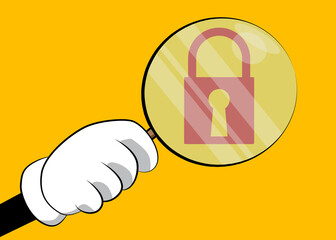Padlock icon under magnifying glass illustration on yellow background.