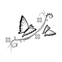 Fototapeta na wymiar Abstract Butterfly Insect With Plants Botanical Flower Bruch Doodle Outline Vector Design Style