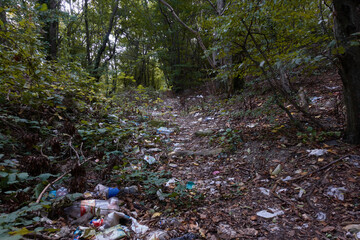 A forest trail strewn with rubbish. In the forest between the trees there are plastic bottles, bags, paper trash.