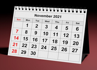 One page of the annual business monthly calendar. Date - month November 2021