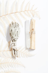 Palo Santo sticks with selenite, dried sage and druse amethyst on linen