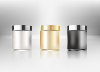 Cream jar isolated on white background. Cosmetic glass bottle (transparent). Beauty product package, vector illustration.