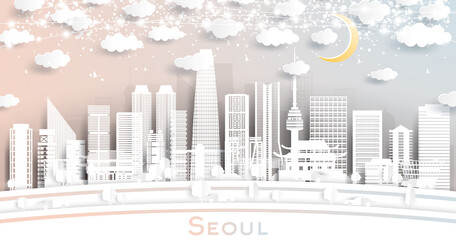Seoul South Korea City Skyline in Paper Cut Style with White Buildings, Moon and Neon Garland.