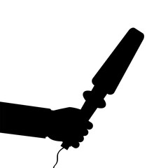 Silhouette of journalist hand with microphone. Reporter interviews for live news. Correspondent works with special equipment. Black design template isolated on background.
