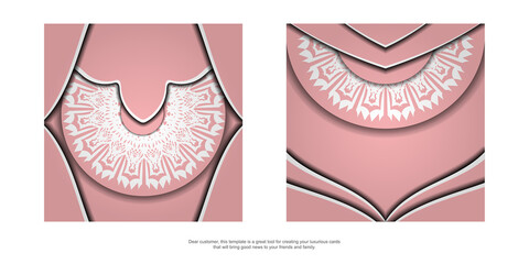 Greeting card in pink color with mandala in white pattern prepared for printing.