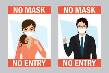 Cartoon people with protective medical masks on faces. Placards template. Warning sign. No mask no entry. Healthcare concept poster. Coronavirus protection.