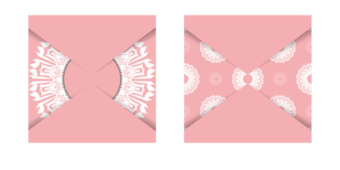 Pink greeting card with mandala white pattern for your brand.