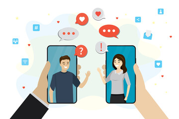 Hands holding smartphones. Avatars on screen talking in social network. Online technology, chatting, messaging application. Online dating app. Social media accounts, relationship.