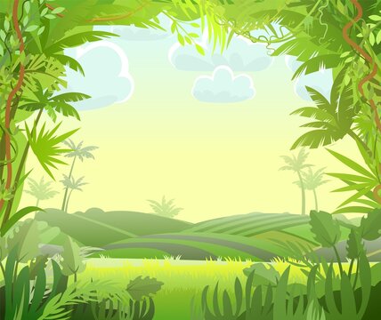Countryside Jungle background. Plants rainforest. Beautiful green landscape with exotic trees and palms. Cute cartoon style. Vector.