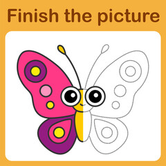 onnect the dot and complete the picture. Simple coloring bright butterfly. Drawing game for children.