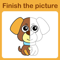 onnect the dot and complete the picture. Simple coloring funny little puppy. Drawing game for children.