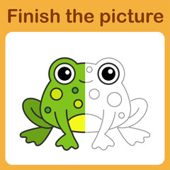 onnect the dot and complete the picture. Simple coloring funny frog. Drawing game for children.