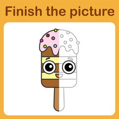 onnect the dot and complete the picture. Simple coloring funny ice cream. Drawing game for children.