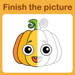 onnect the dot and complete the picture. Simple coloring funny pumpkin. Drawing game for children.