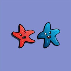 two red and blue starfish with cute face cartoon illustration