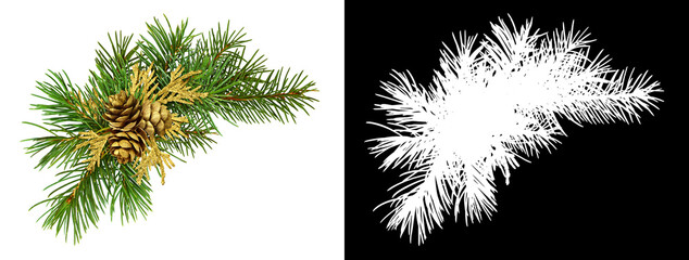 Christmas corner arrangement with pine twigs and golden cones isolated on white background and  silhouett - obrazy, fototapety, plakaty