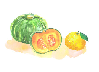 水彩絵の具で描いた冬至のかぼちゃと柚子のイラスト