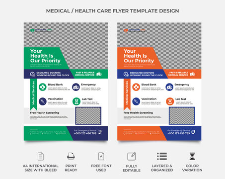 health care geometric shape a4 size flyer design template, two color variation, a doctor image can use in the template, orange and blue, green and blue color variant, vector eps 10, fully editable